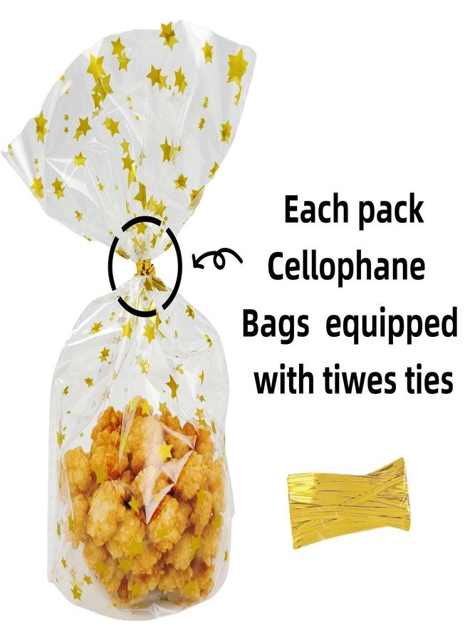 Capesaro Gold Cellophane Bags,Star Cellophane Treat Bags with Twist Ties,Thick Plastic Small Cello Bags for Bakery,Cookies, Dessert Candy Buffet Supplies (50 Pack) - Image 2